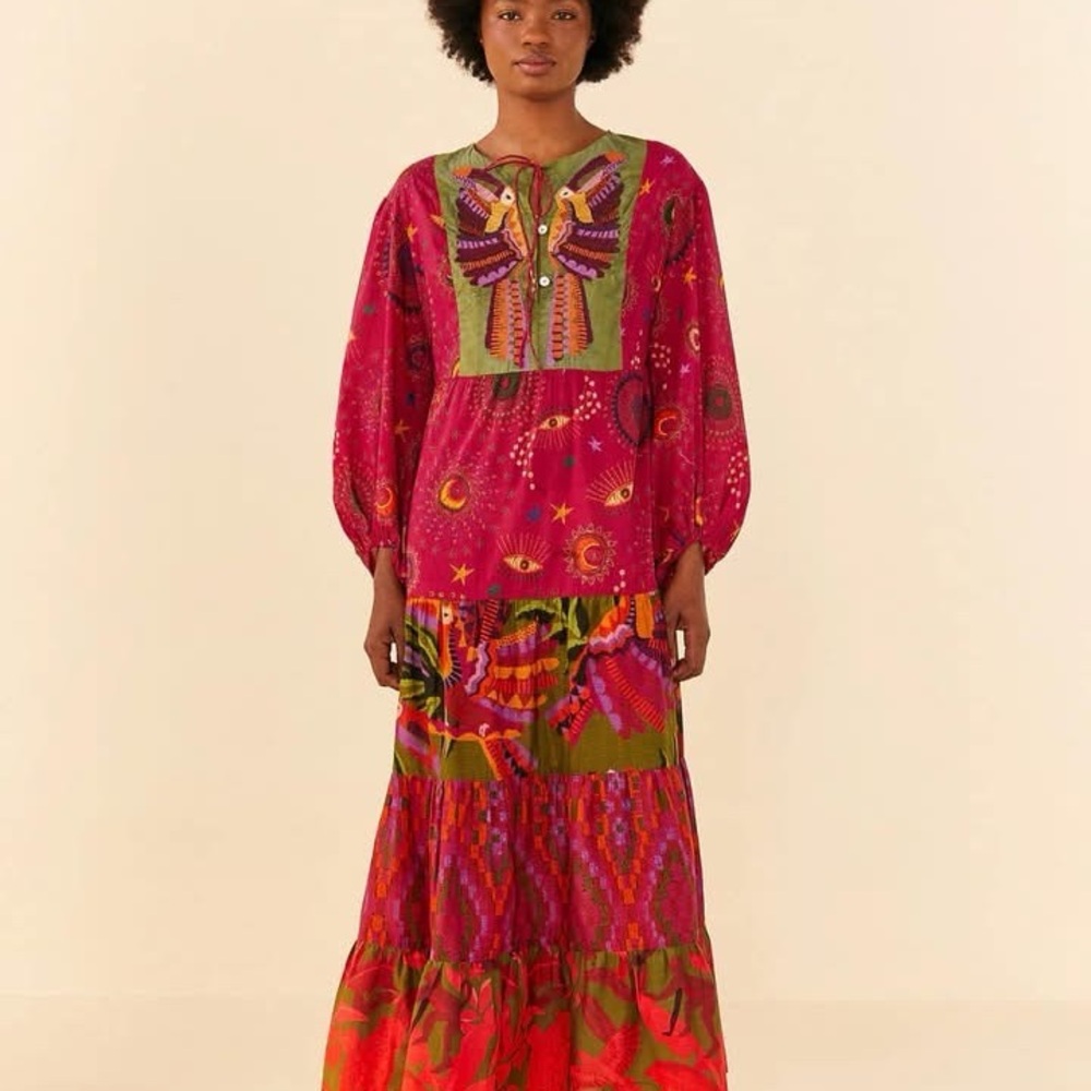 FARM Rio Pink and Red Maxi Sundress with Bishop Sleeves